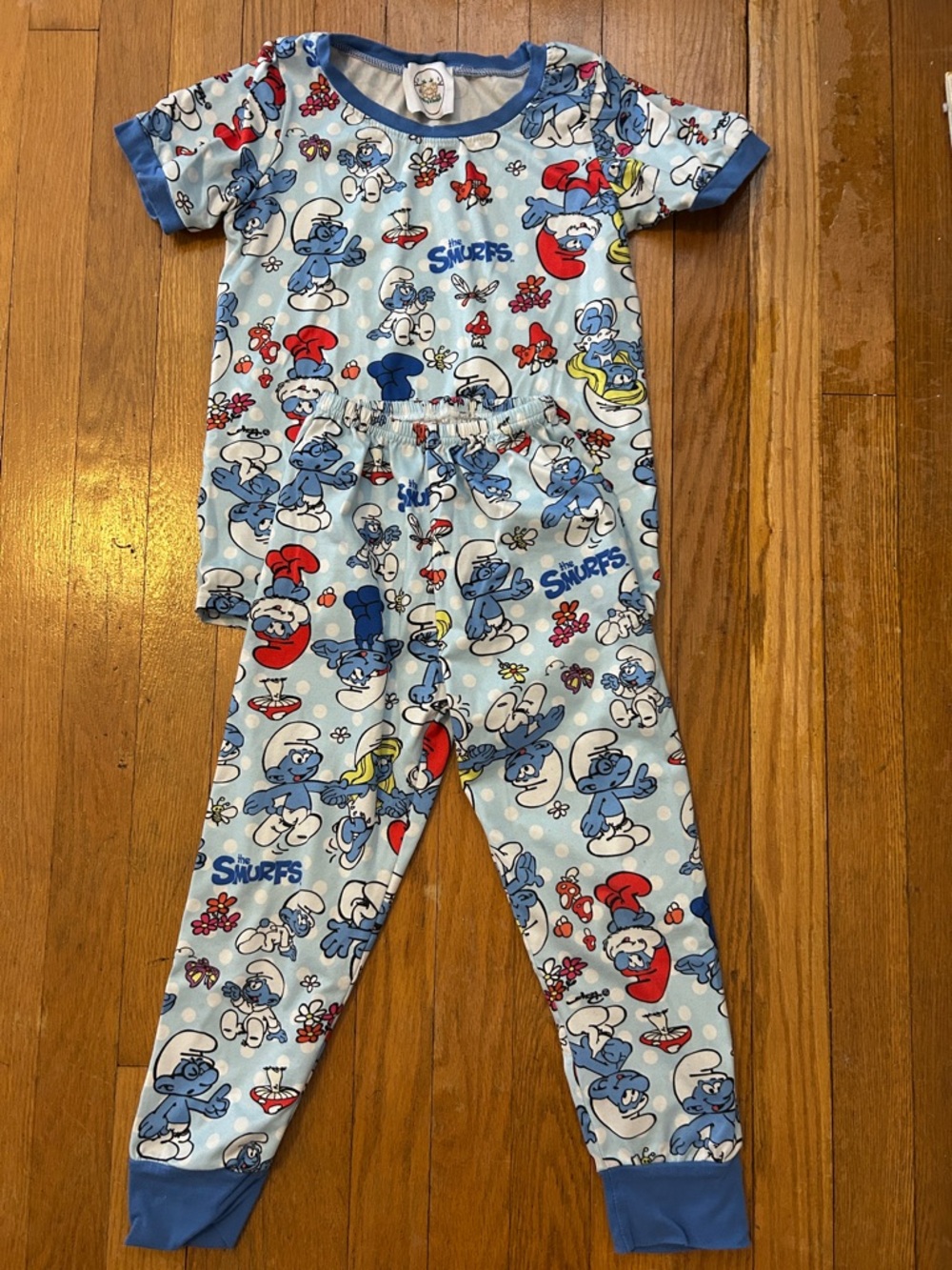 Smurfs-Print Light Blue Kids Pajama Set - Short Sleeve Top & Pants